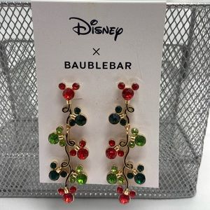 Disney BaubleBar Mickey Christmas lights gold trimmed dangling earrings NWT